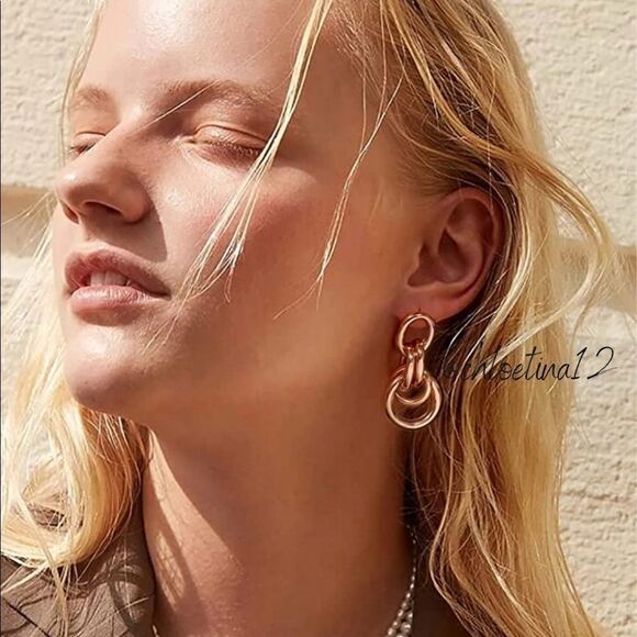 Gold Circle Drop UniqueEarrings Gold Dangle Earrings Gold Vintage Earrings - Picture 3 of 4